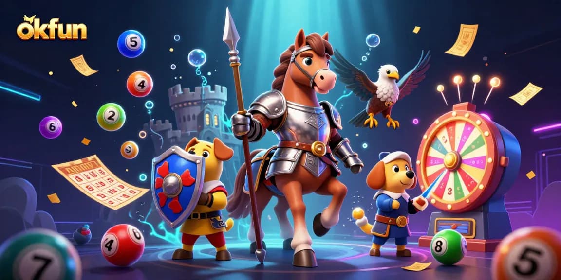 Engage with okfun lottery excitement featuring vibrant prize elements in a lively casino scene.