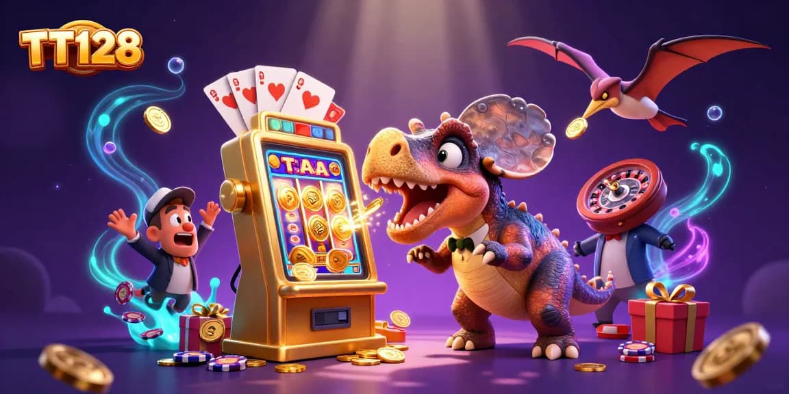 Catch your jackpot with TT128 as a dinosaur powers a slot machine amid a vibrant casino scene.