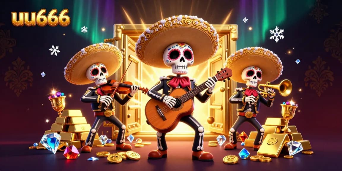 Experience the thrill of gaming at uu666 with a colorful mariachi band surrounded by treasure.