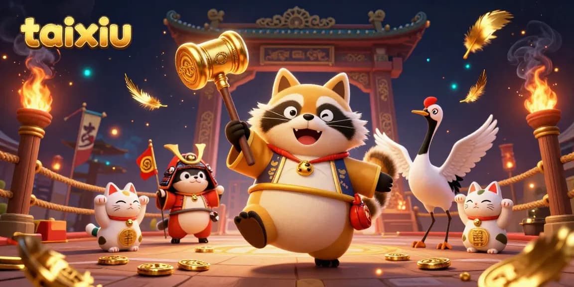 Bet on taixiu with a cheerful tanuki and lucky elements in a vibrant casino scene.