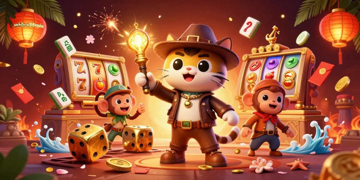 Winbox88msia showcases an illustrated casino adventure with a cat archaeologist and dynamic gaming elements.