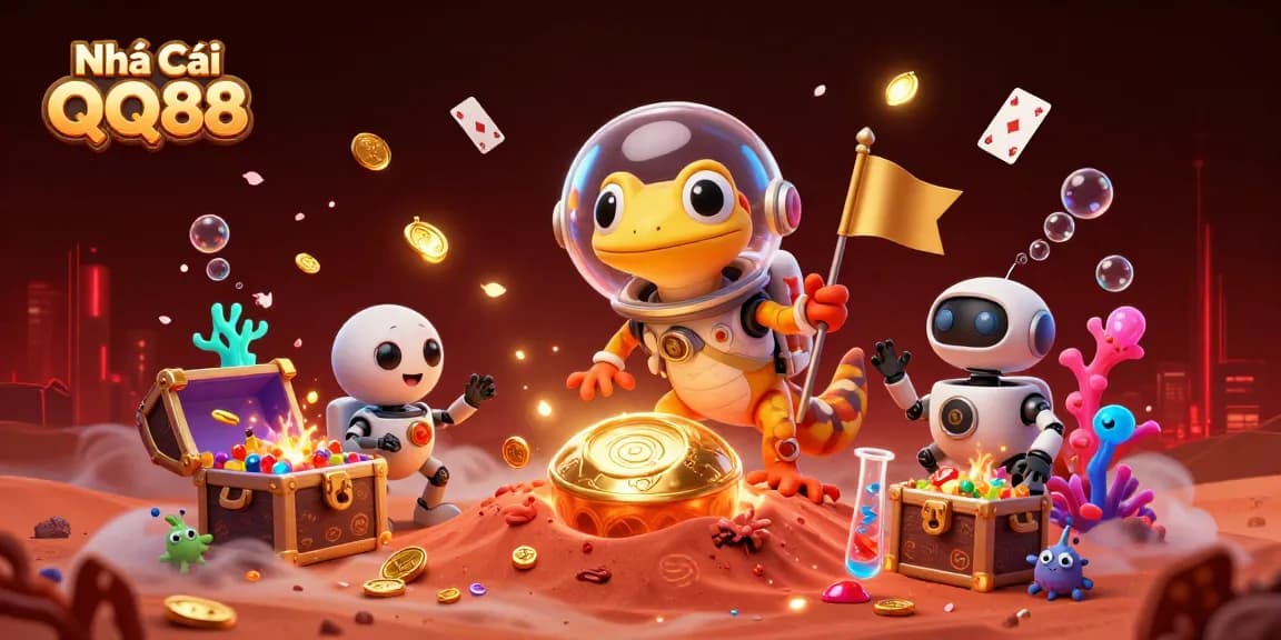 Engage with Nhà Cái QQ88 showcasing a Martian gecko exploring a golden casino in a vibrant 3D scene.