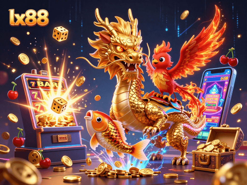 Experience thrilling wins with lx88 in a vibrant 3D casino scene featuring dynamic slot elements.