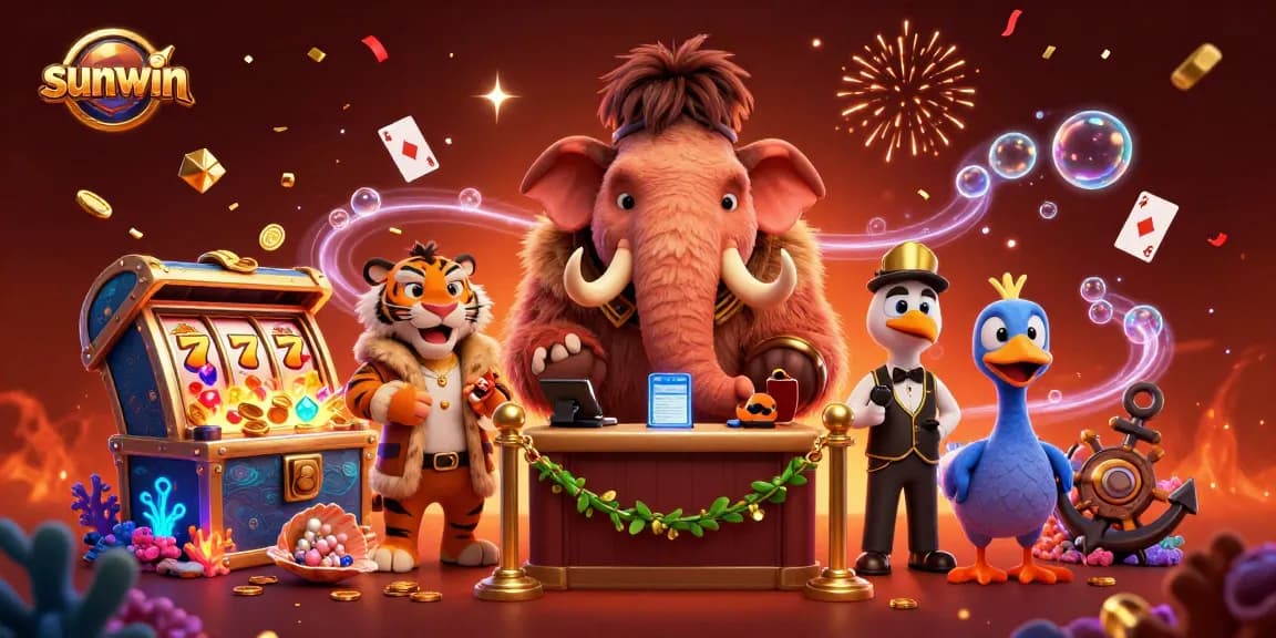 Experience sunwin's vibrant gaming atmosphere with a dynamic casino illustration featuring unique characters.