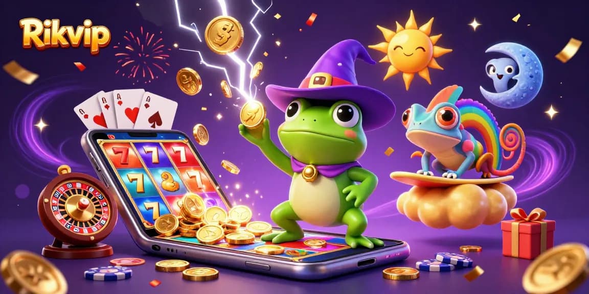 Rikvip jackpot celebration with golden coins and vibrant slot game elements in a dynamic casino scene.