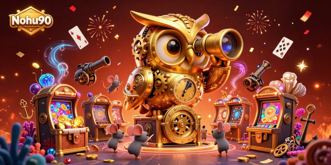 Nohu90 features an exciting animated casino scene with a golden owl and playful mice amid vibrant slot machines.