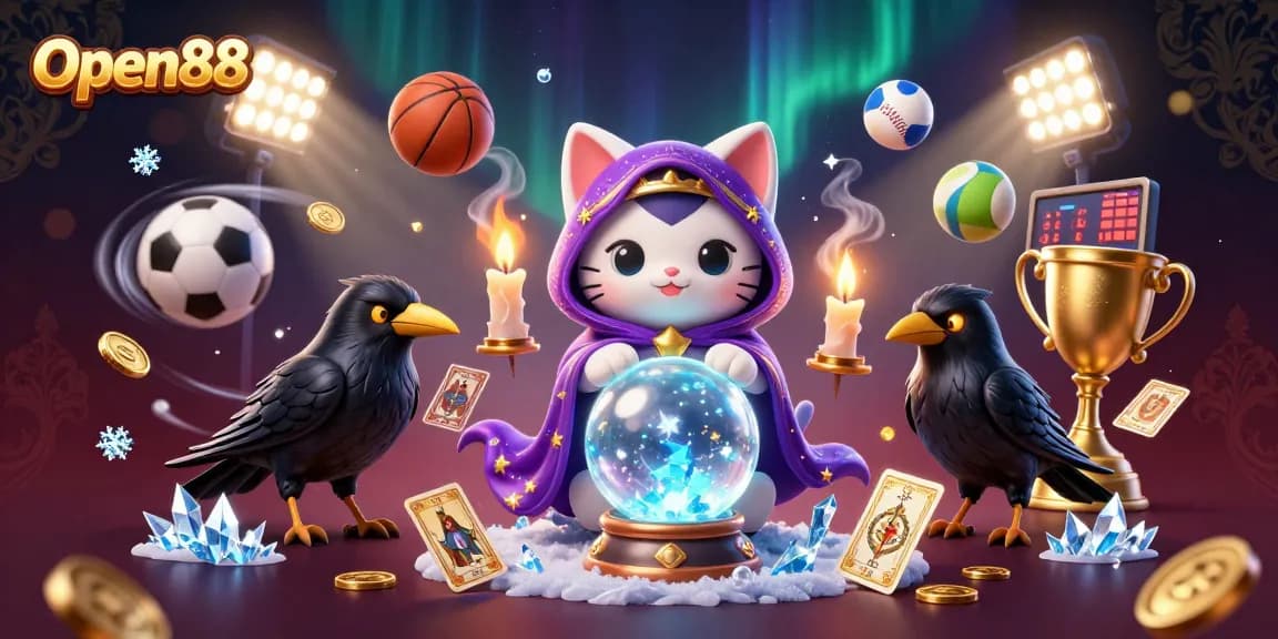 Engage with Open88's vibrant casino landscape featuring a fortune teller cat and dynamic sports elements.