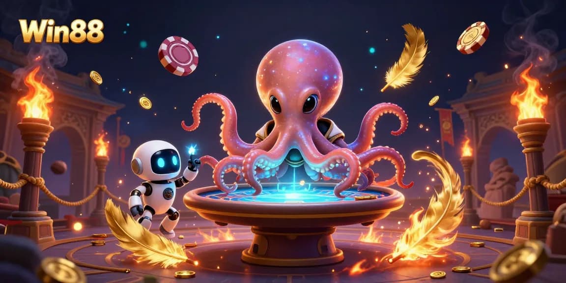 Win88 themed illustration of an alien octopus and robot at a poker table, surrounded by vibrant casino elements.