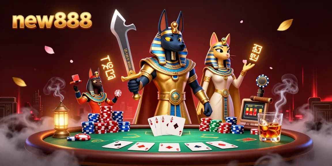 Bet big and win big at new888! Enter a thrilling casino scene featuring Egyptian warriors and poker elements.