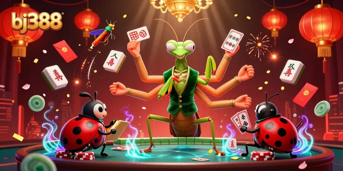 Experience the thrill of bj388 cockfighting with dynamic 3D visuals of a Praying Mantis card sharp, lush game elements, and vibrant colors.