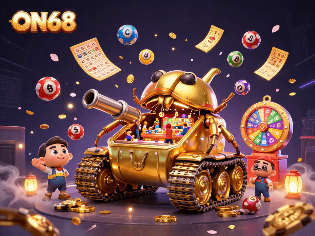 Engage in thrilling gaming action at ON68's vibrant casino scene featuring a captivating beetle tank and dynamic prizes.