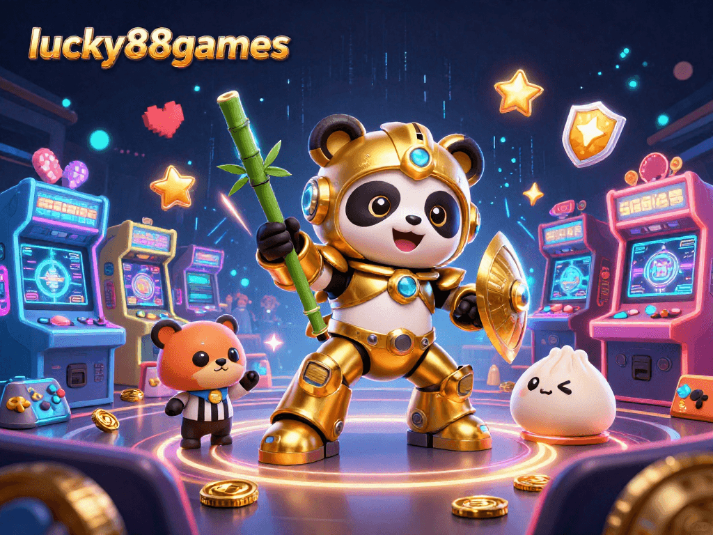 experience excitement with lucky88games at a vibrant digital casino arena showcasing animated characters and games