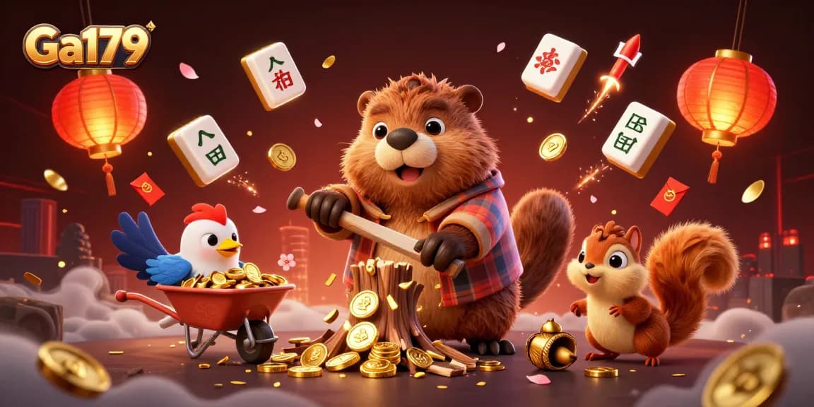 Engage in thrilling action with Ga179 as a beaver collects gold coins in a vibrant casino illustration.