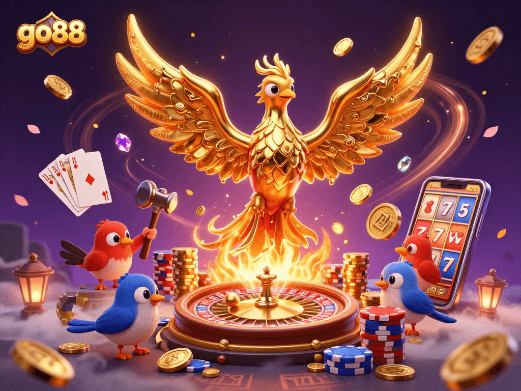 Experience the vibrant go88 realm of gaming with cascading coins and a golden phoenix amidst thrilling casino elements.