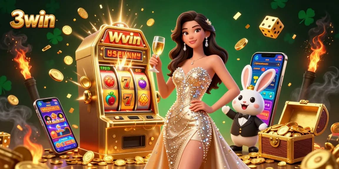 Experience the thrill of a jackpot with 3win's stunning 3D casino scene, featuring a glamorous woman and a croupier.