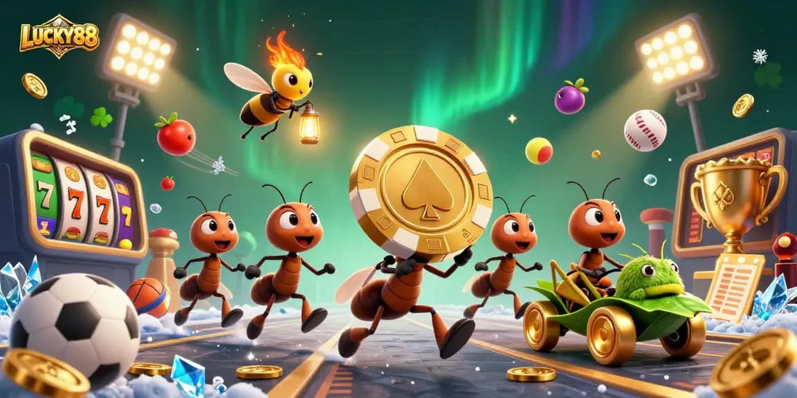 Experience LUCKY88 with a dynamic heist scene featuring ants, poker chips, and casino elements.