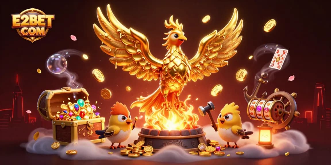 Engage with E2BET COM, featuring an elaborate casino scene with a mythical golden phoenix and dynamic gaming elements.