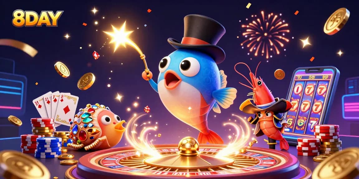 8DAY offers thrilling jackpot opportunities with an enchanting underwater casino theme illustration.