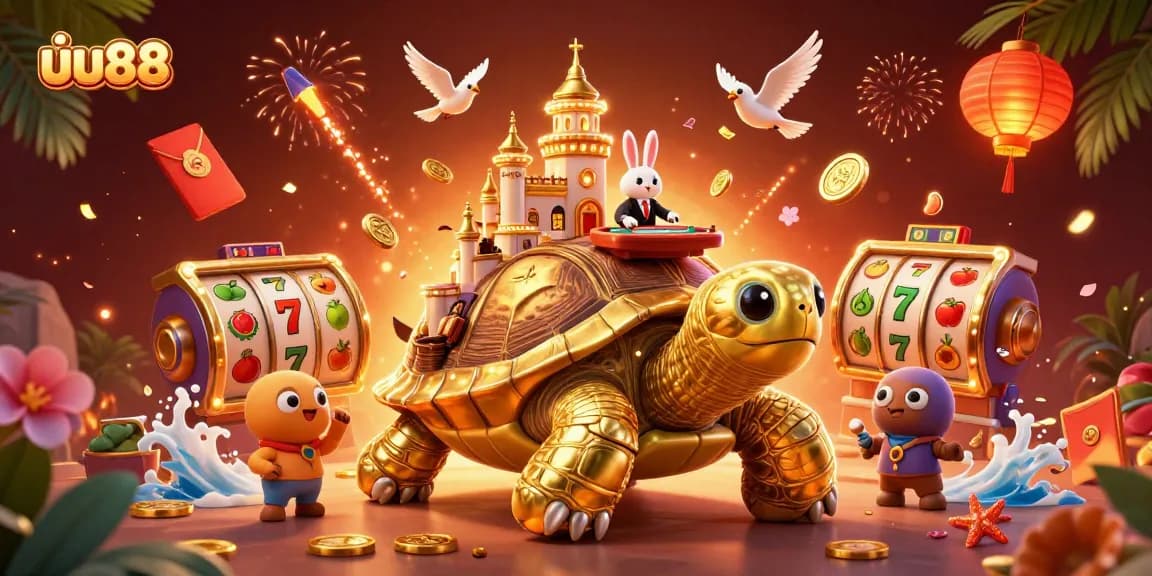 Experience the vibrant world of uu88 with a dynamic 3D illustration showcasing a golden tortoise casino.