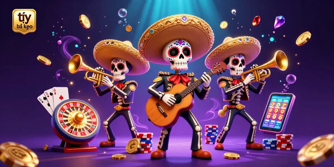 Experience the thrill of tỷ lệ kèo betting with vibrant 3D casino illustration featuring a mariachi band and dynamic game elements.