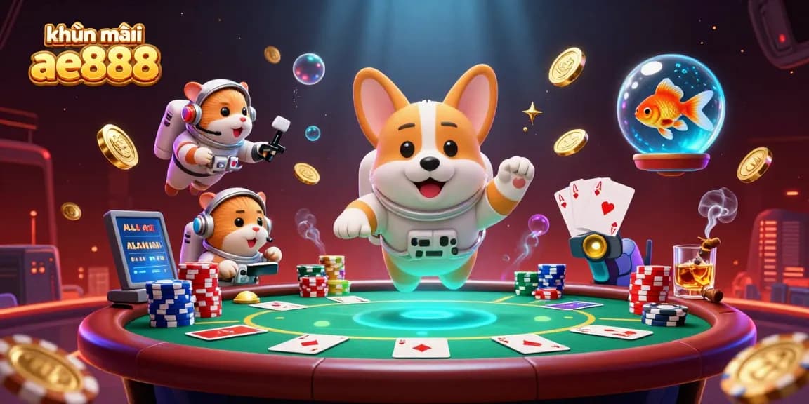 Engage with khuyến mãi ae888 in an ultra-detailed 3D casino scene featuring vibrant characters and elements.