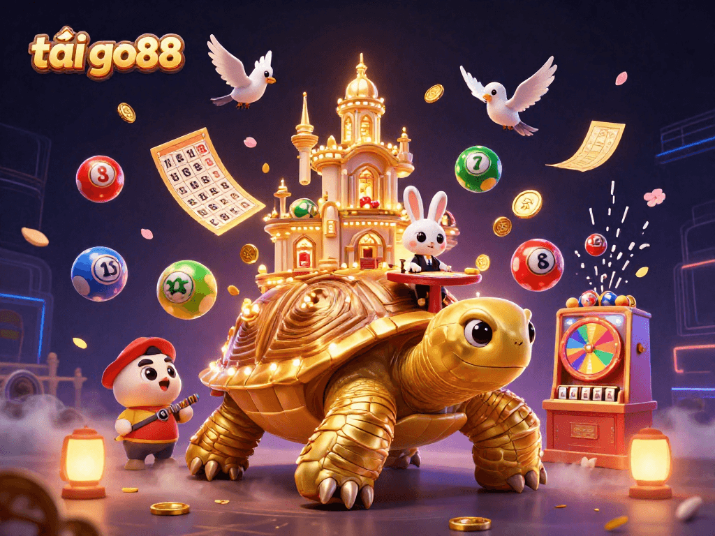 Engage with the vibrant scene featuring tải go88, a casino palace on a golden tortoise with a rabbit dealer.