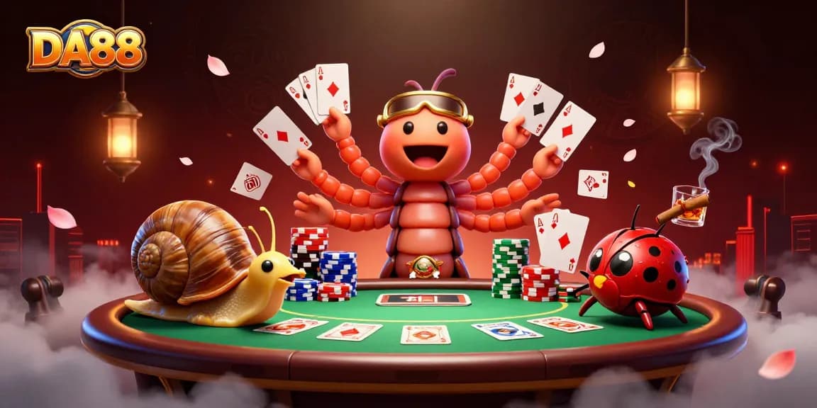 Engage with DA88 as the millipede dealer showcases winning poker cards in a vibrant casino.