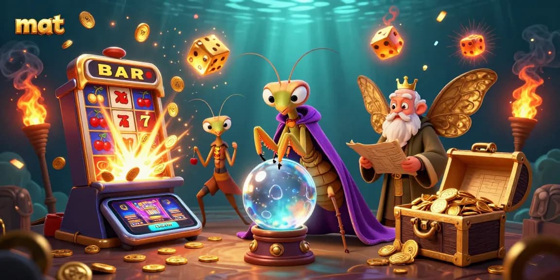 Engage in thrilling gaming at mat with a vibrant scene of a fortune teller, moth librarian, and casino-themed elements.