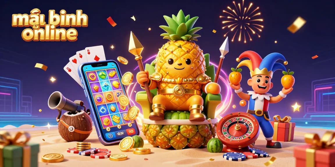 Experience thrilling mậu binh online gameplay with a colorful slot game, golden coins, and festive characters.
