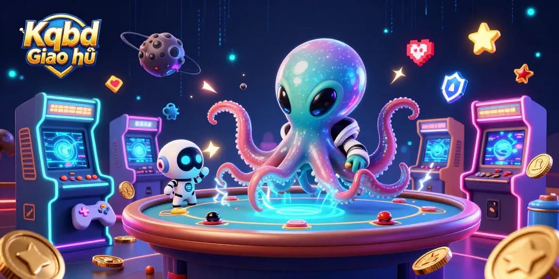 Engage with Kqbd Giao hữu as an alien octopus operates a holographic poker table surrounded by vibrant game elements.