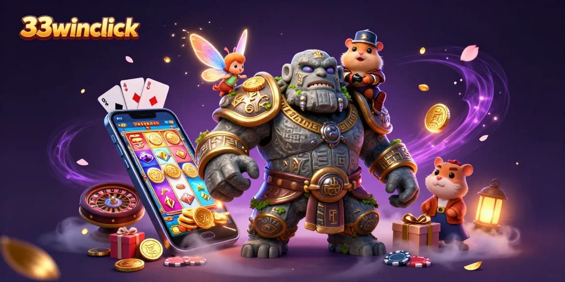 Experience the thrill of 33winclick with a magical scene featuring a golem, fairy, and hamster knight in a vibrant casino.