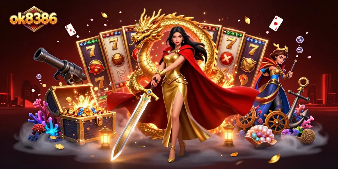 Engage with ok8386's vibrant gaming world featuring slots, treasure, and a warrior queen.