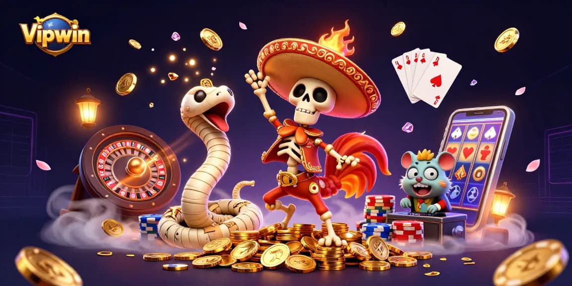 Winning big at Vipwin with a 3D cartoon-themed casino scene featuring vibrant characters and games.