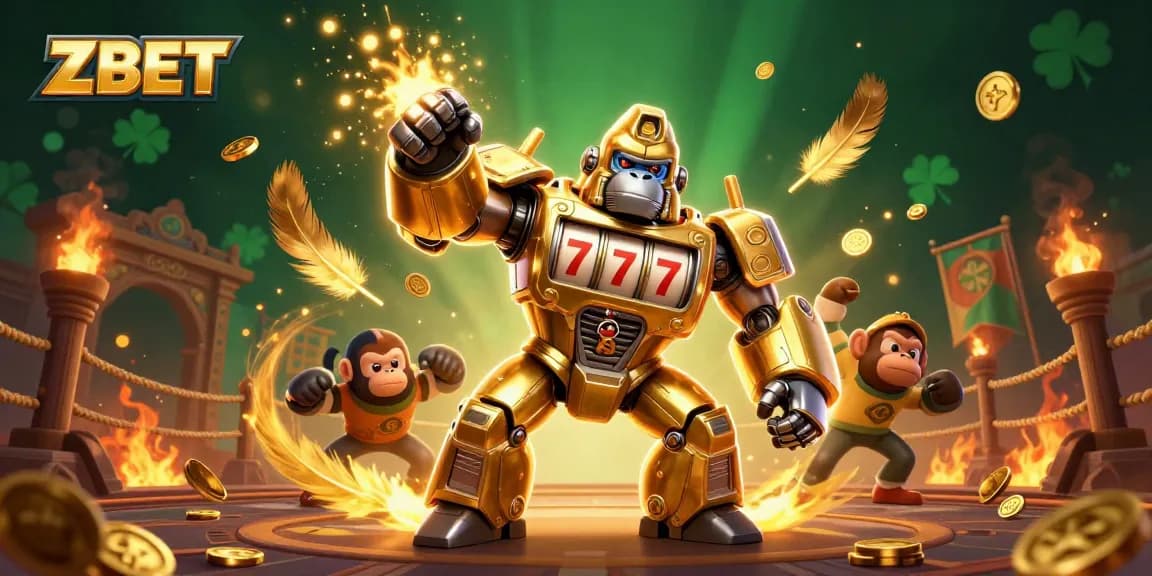 ZBET showcases a dynamic 3D illustration of a golden gorilla mech, embodying the thrill of casino gaming.