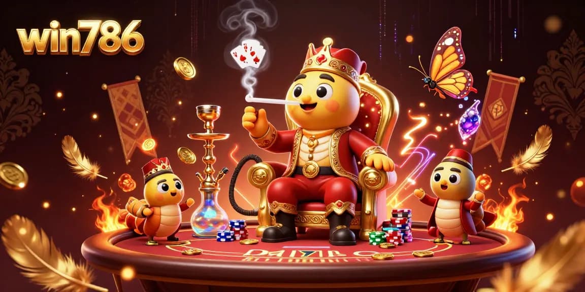 Win786 casinos feature an extravagant poker scene with golden coins and vibrant animation elements.
