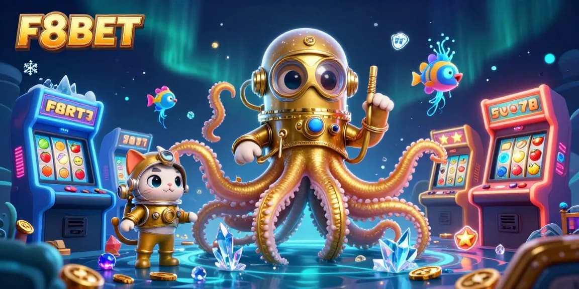 Engage in thrilling gaming at F8BET with a vibrant casino scene featuring a kraken, diving cat, and glowing treasures.