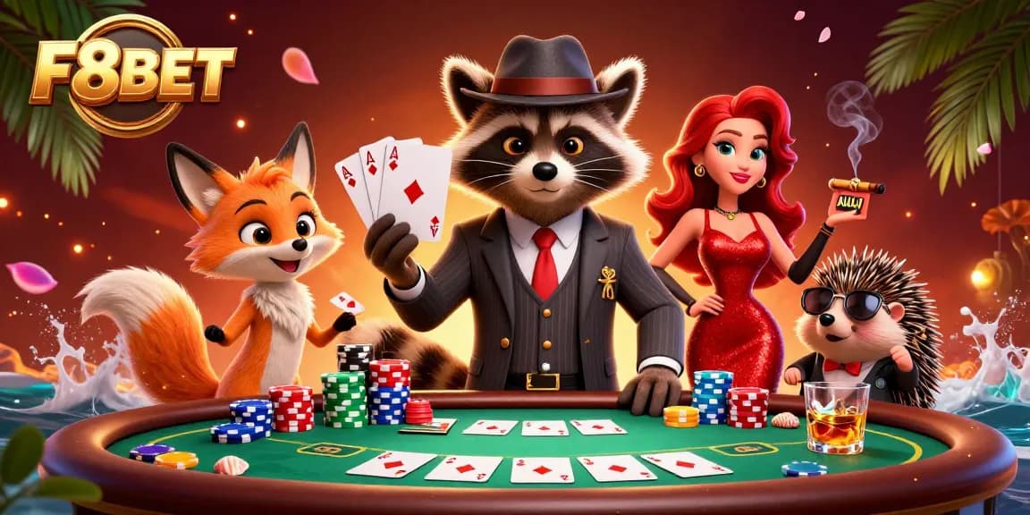 Experience the thrill of F8BET's dynamic poker scene with charming characters and rich casino elements.