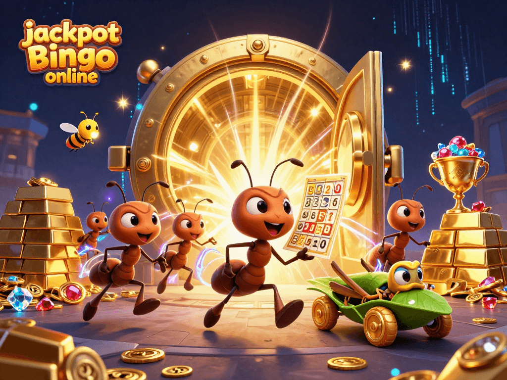 Experience jackpot bingo online with vibrant cartoon ants and magical treasures in this exciting scene.