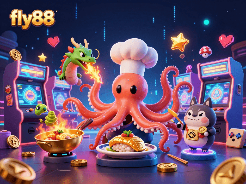 Experience the excitement of fly88 with vibrant illustrations of a sushi chef octopus and his dragon companion.