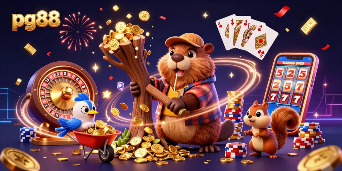 Experience excitement with pg88's vibrant 3D casino illustration featuring a playful beaver and treasures.