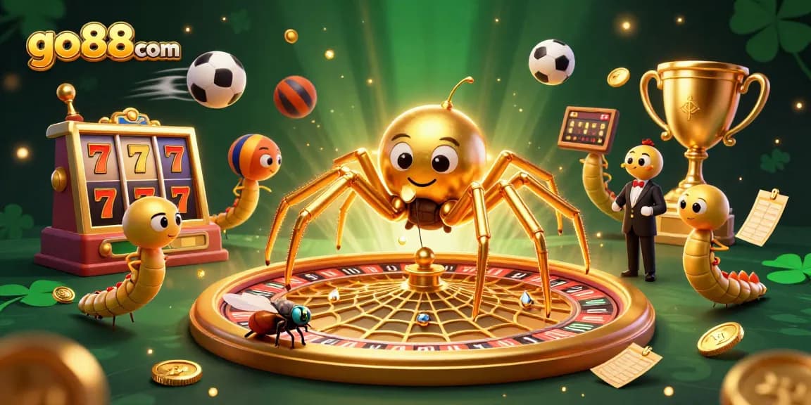 Experience the excitement of go88com with a golden spider and dynamic game elements in a vibrant casino scene.