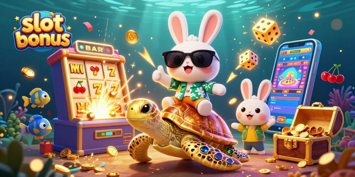 Win big with slot bonuses in this vibrant 3D casino scene featuring lucky symbols and characters.
