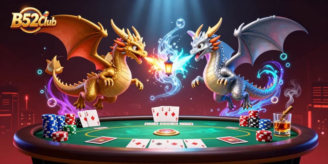 Experience the vibrant world of B52Club with this dynamic poker scene featuring fiery dragons and action-packed gameplay.