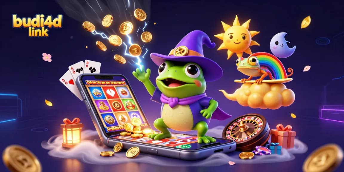 Experience the magic with budi4d link as the weather wizard frog conjures golden coins in a vibrant casino scene.