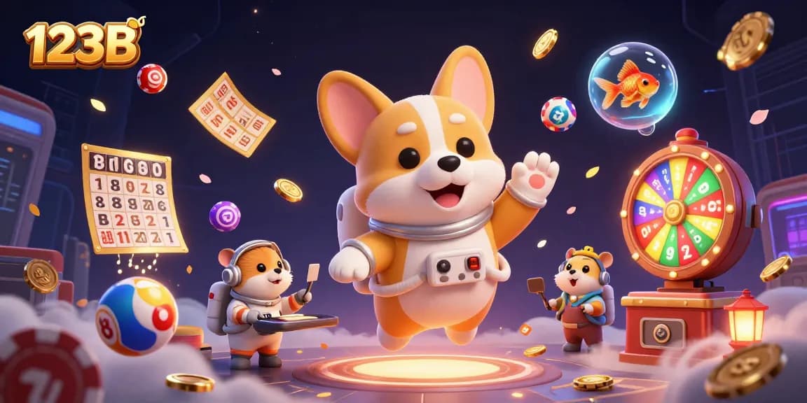 Play exciting casino games at 123B with energetic characters and vibrant gaming elements.