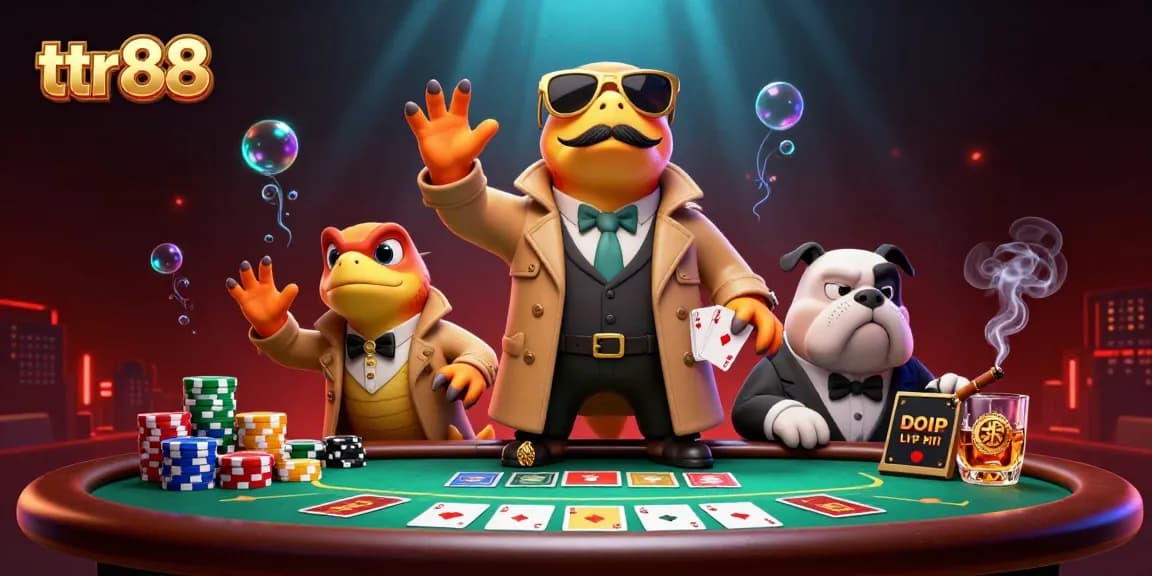 Experience excitement at ttr88 with playful 3D raptors, poker elements, and vibrant casino atmosphere.