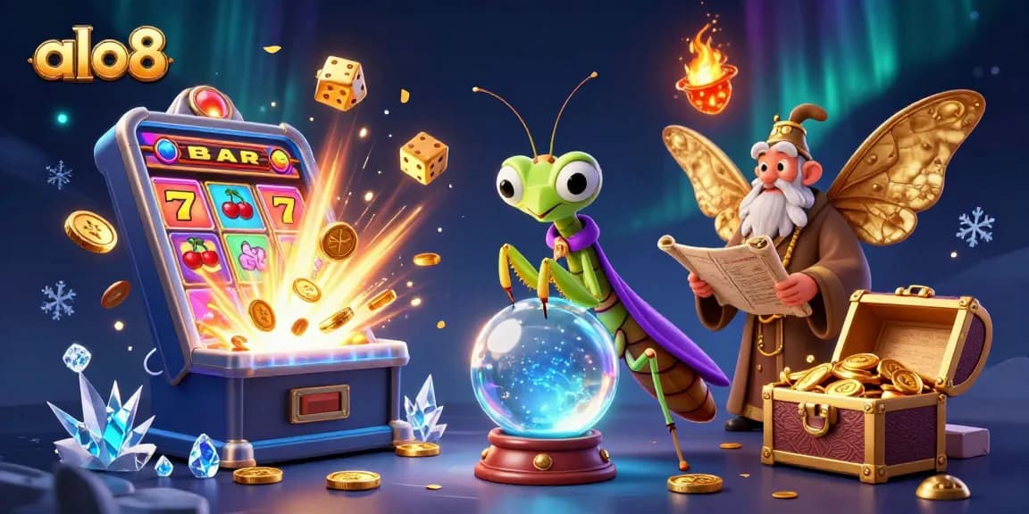 Spin the slots at alo8 with whimsical characters and dazzling jackpot explosions in a vibrant casino scene.