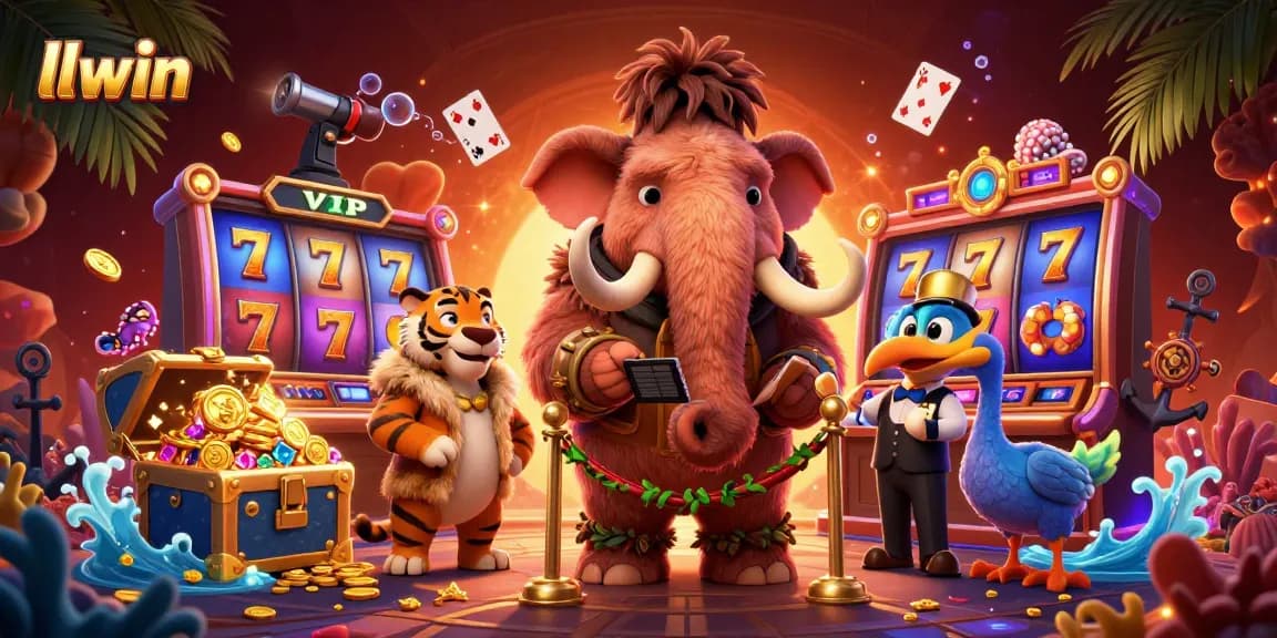 Experience the thrill of LLWIN casino with a vibrant scene featuring cartoon characters and immersive game elements.