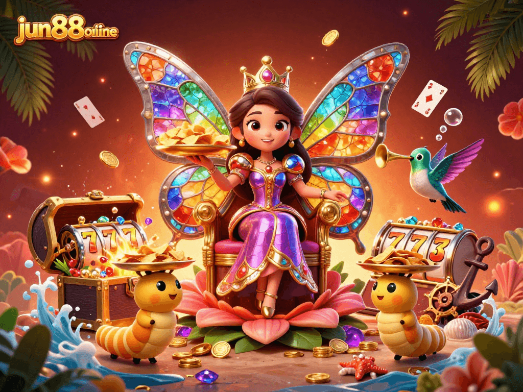 Engage with jun88online's vibrant casino illustration showing a butterfly queen amidst treasures and slot games.