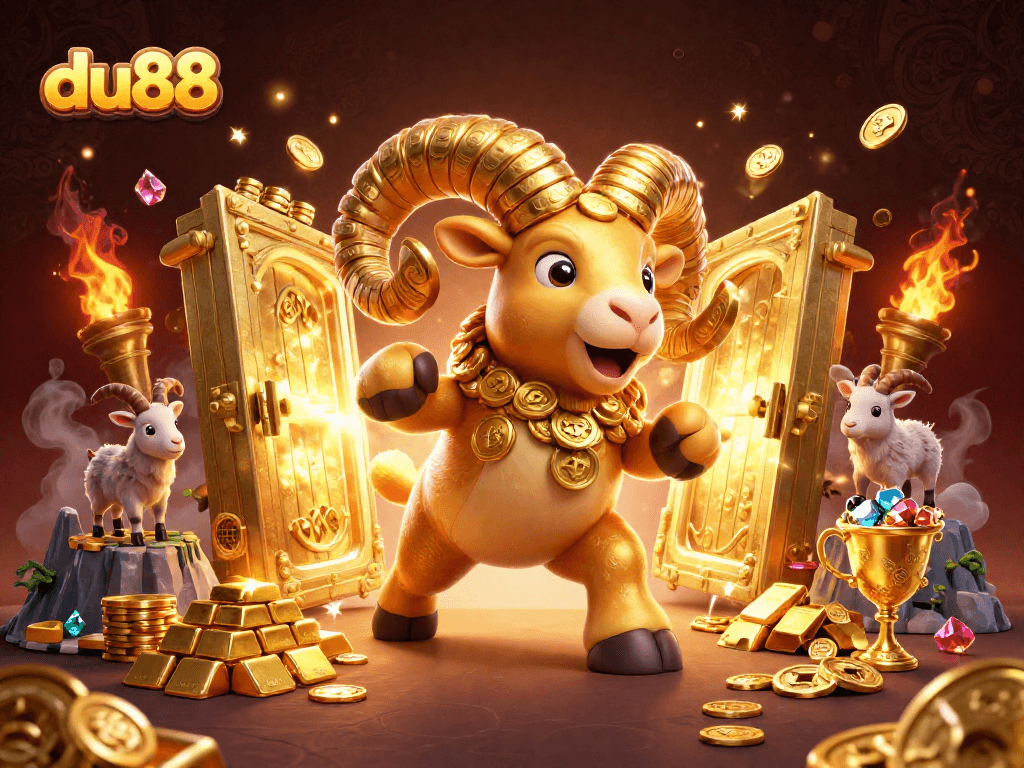 Engage with du88's exciting casino experience featuring gold treasures and a charging ram.